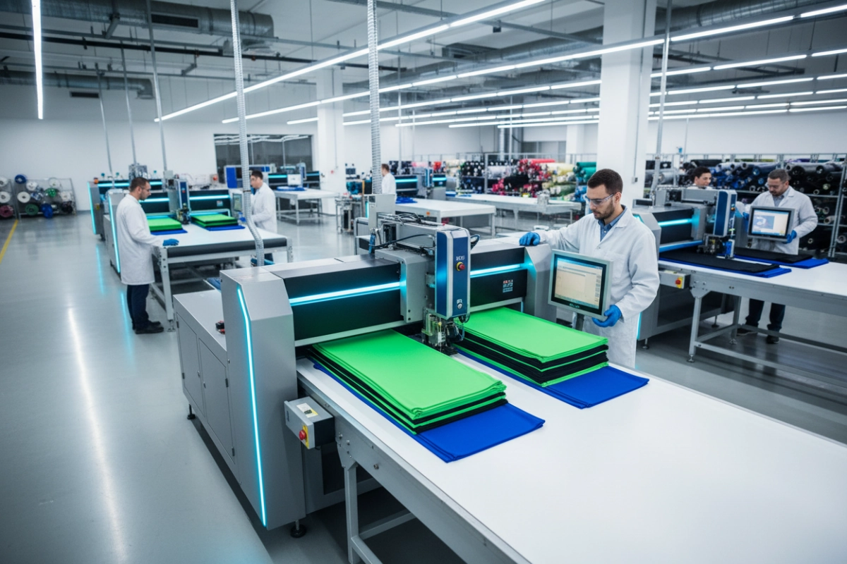 Automated fabric cutting equipment at custom apparel manufacturer facility