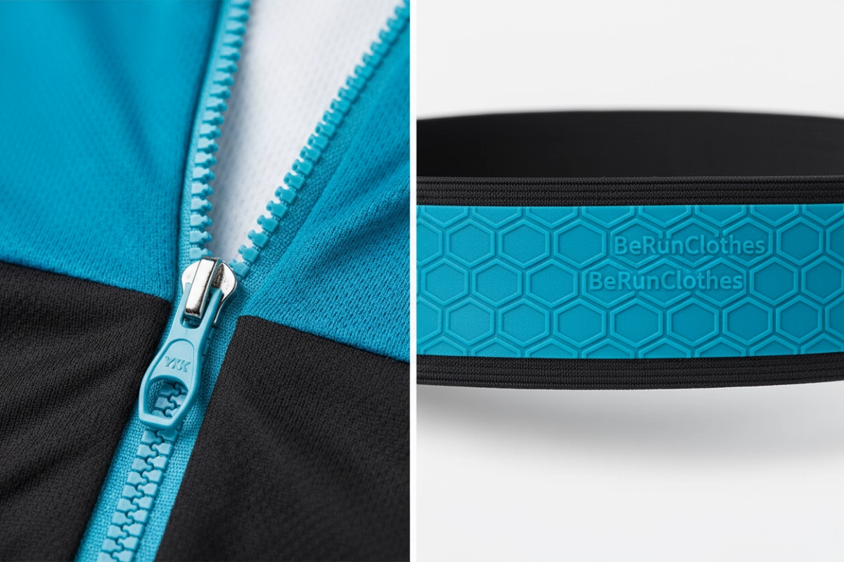 Premium YKK zippers for cycling jerseys - Durable zipper and anti-slip waistband details in OEM bike clothing