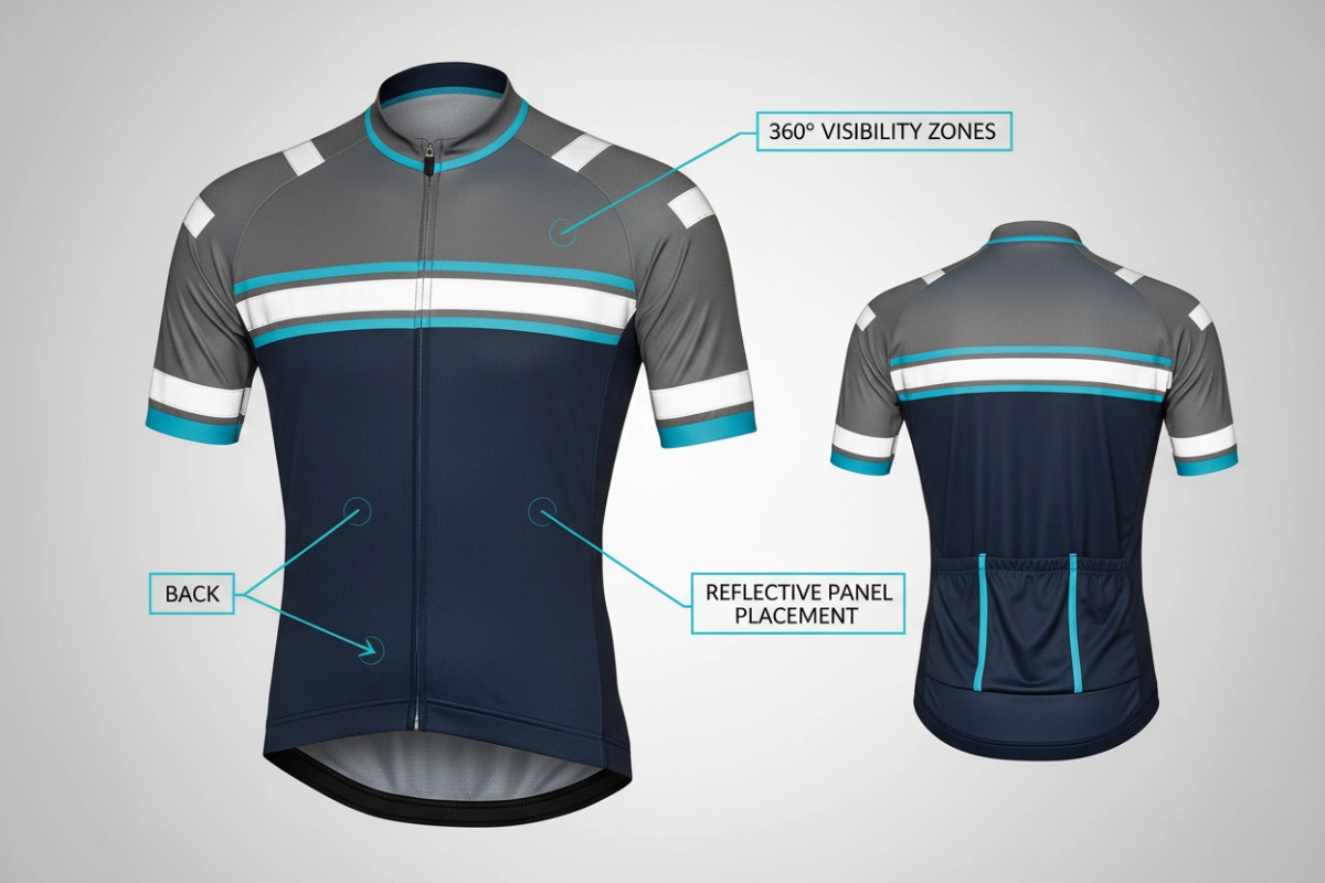 Reflective cycling apparel safety strips - 360-degree visibility features in custom bike clothing OEM manufacturing