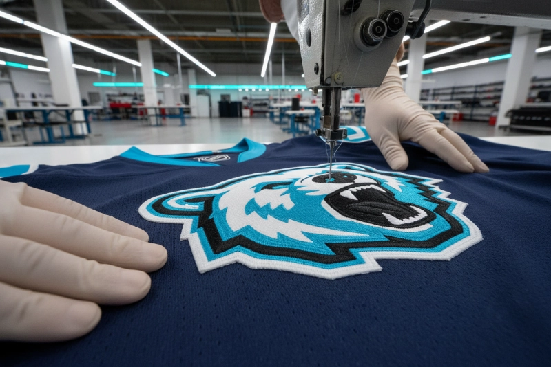 Tackle twill logo application on hockey jerseys