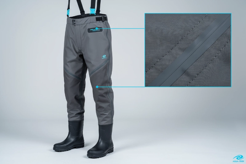 Custom wading pants for deep-water fishing with reinforced seams