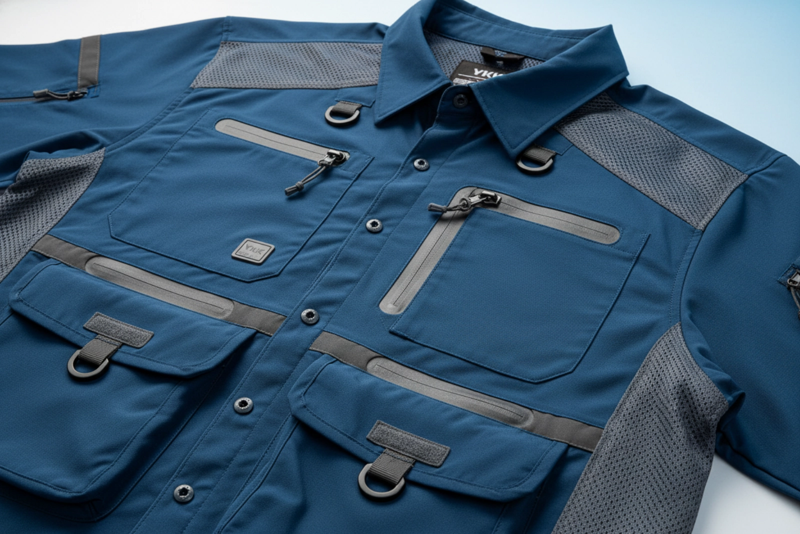 Precision design details in custom fishing apparel with tactical pockets