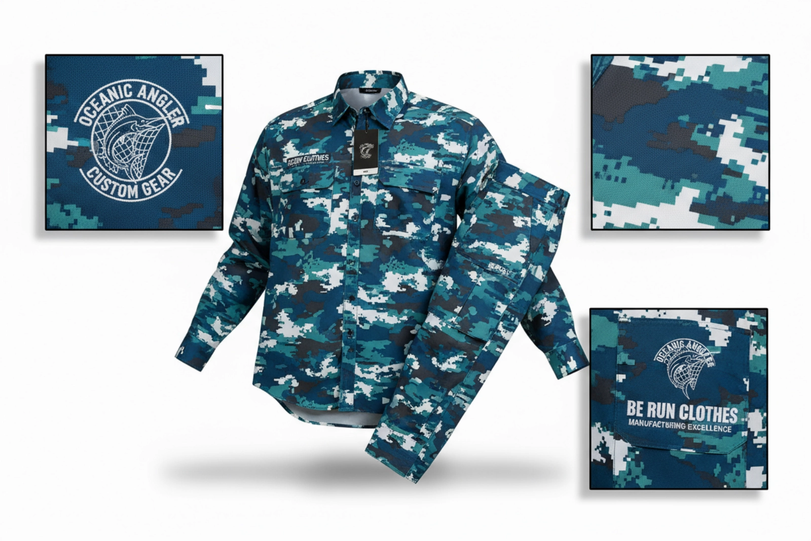 Custom fishing apparel with personalized logos and camo patterns