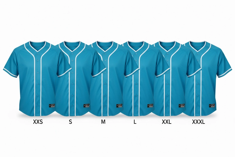 Full size range for custom baseball jerseys - XXS to XXXL available