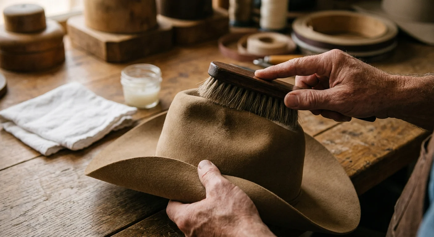 Cleaning a felt cowboy hat with a soft bristle brush
