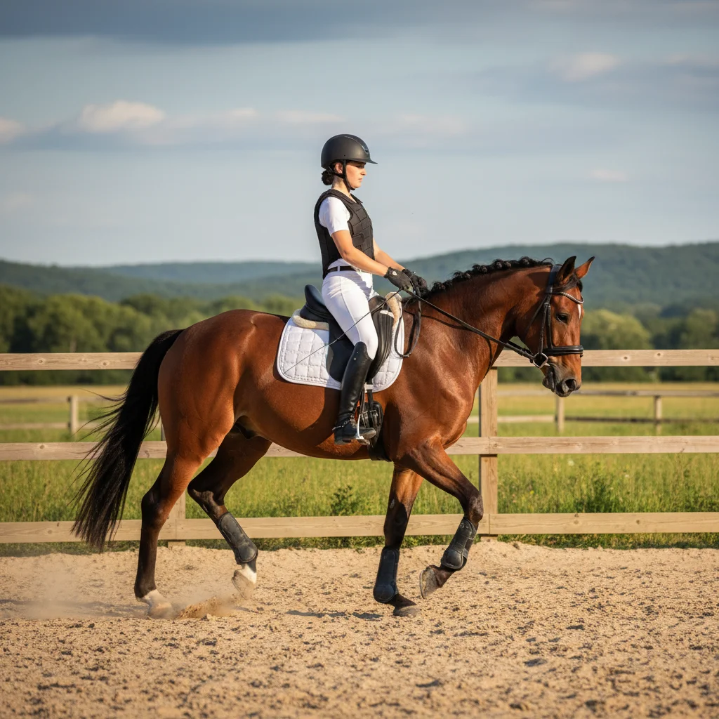 Equestrian rider wearing certified safety helmet and protective vest