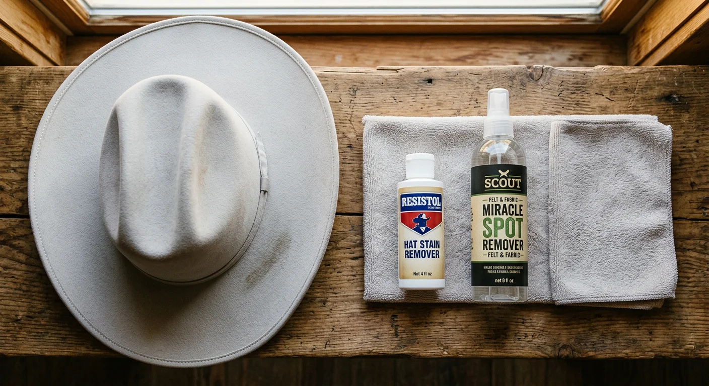 Cleaning a straw cowboy hat carefully with compressed air