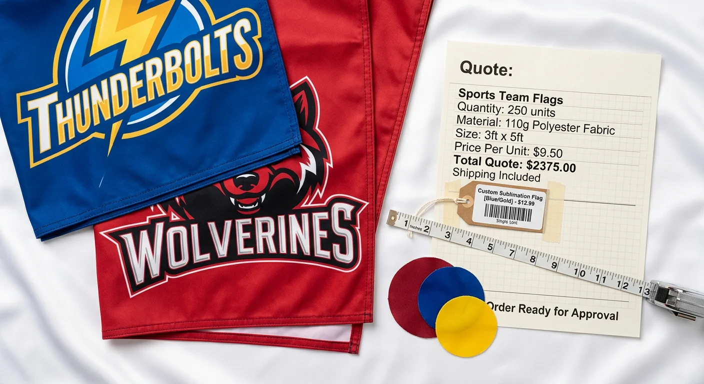 Sports team flag pricing breakdown showing cost factors per unit