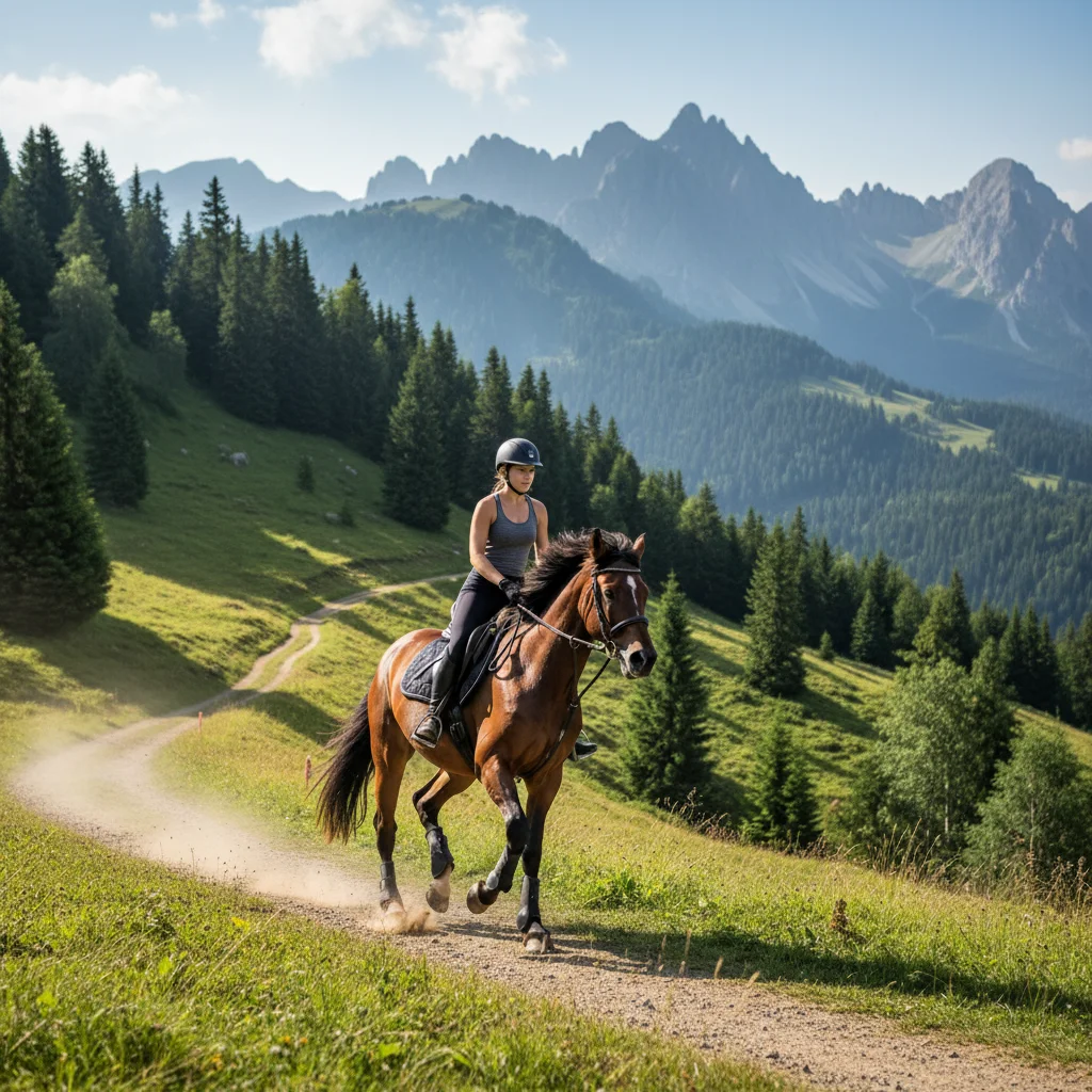 Equestrian rider trotting on horse demonstrating cardiovascular fitness benefits