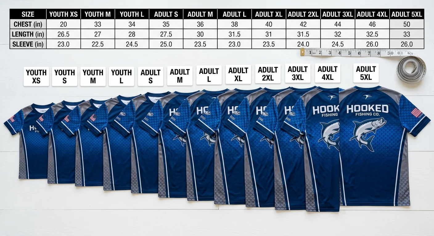 Custom Fishing Shirt Size Chart: Youth 4 to Men 5XL