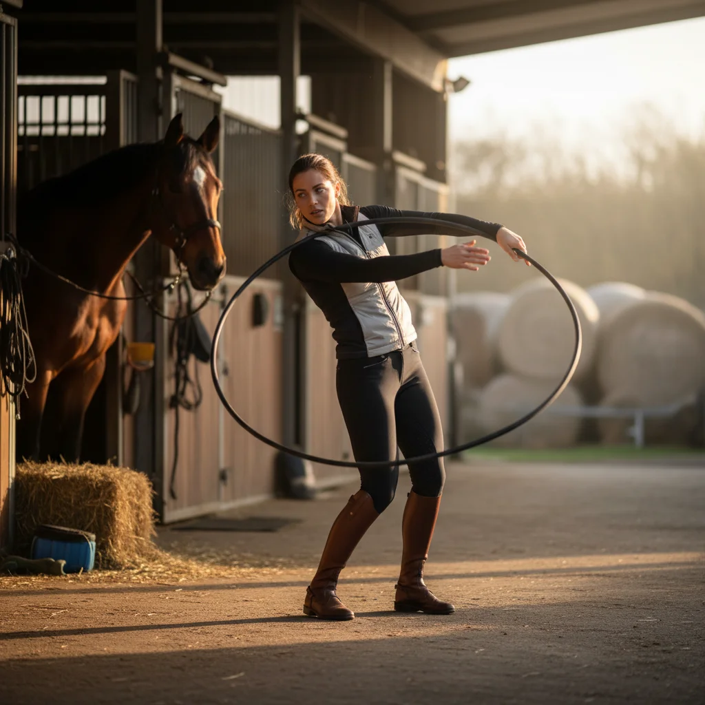 Rider performing dynamic stretching exercises before horseback riding