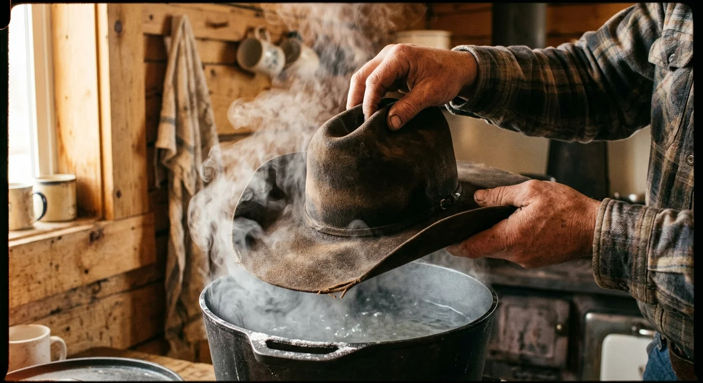 Reshaping a cowboy hat using steam from a kettle