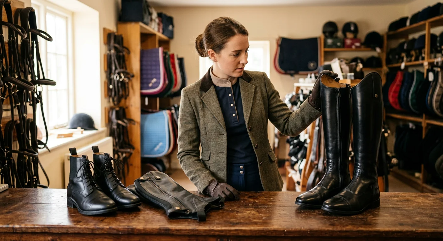 Rider deciding between paddock boots and tall boots