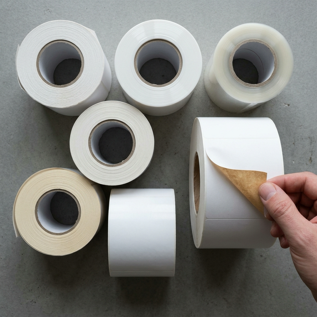 Rolls of blank pressure sensitive label stock in matte paper, gloss white film and clear film with the liner exposed