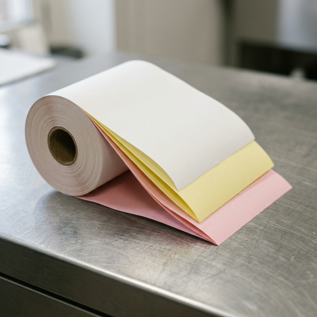 A carbonless NCR receipt roll fanned open showing three stacked plies in white, canary and pink