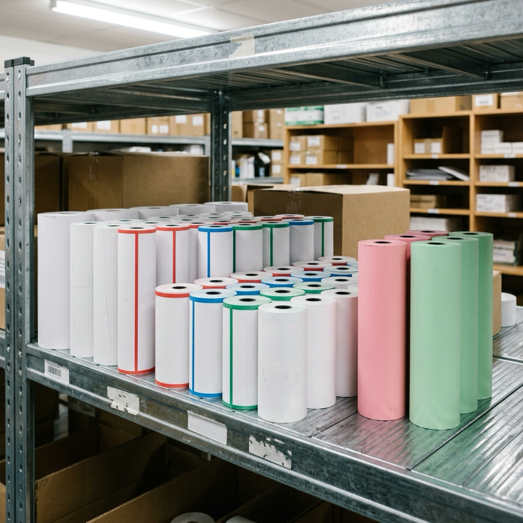 Thermal receipt rolls on a stockroom shelf in plain white, edge-stripe and solid colour variants