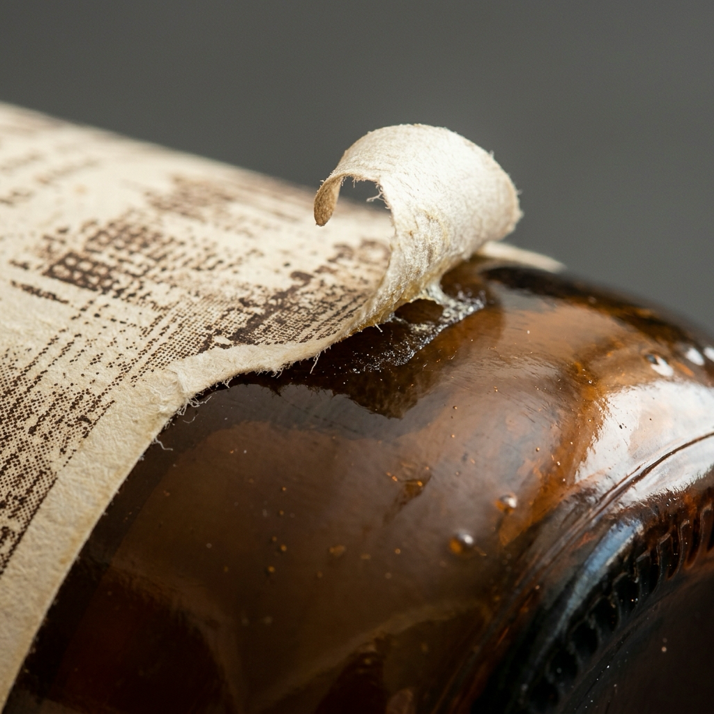 A printed label lifting at the corner off a curved amber bottle, the classic edge lift failure of an under-coated adhesive