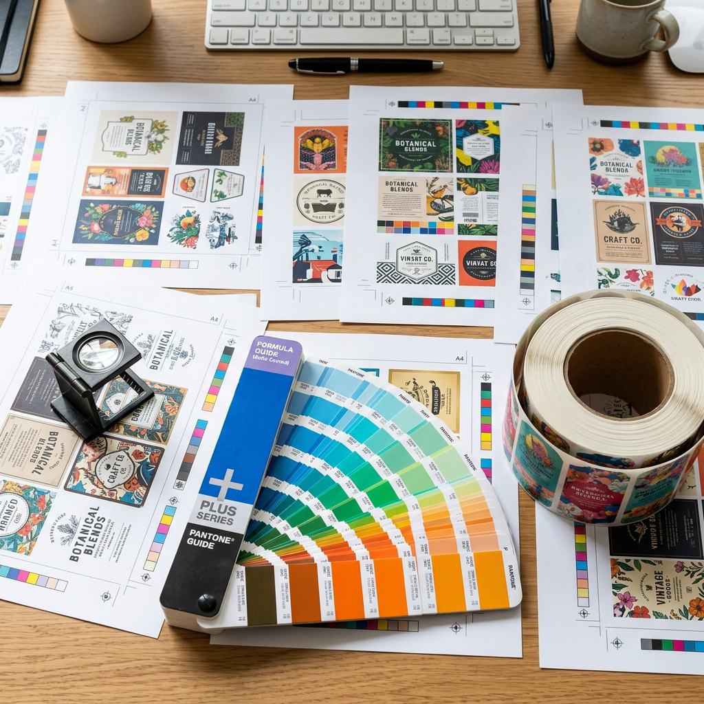 Custom label proof sheets, a printer's loupe, a Pantone swatch fan and a finished label roll laid out on a desk