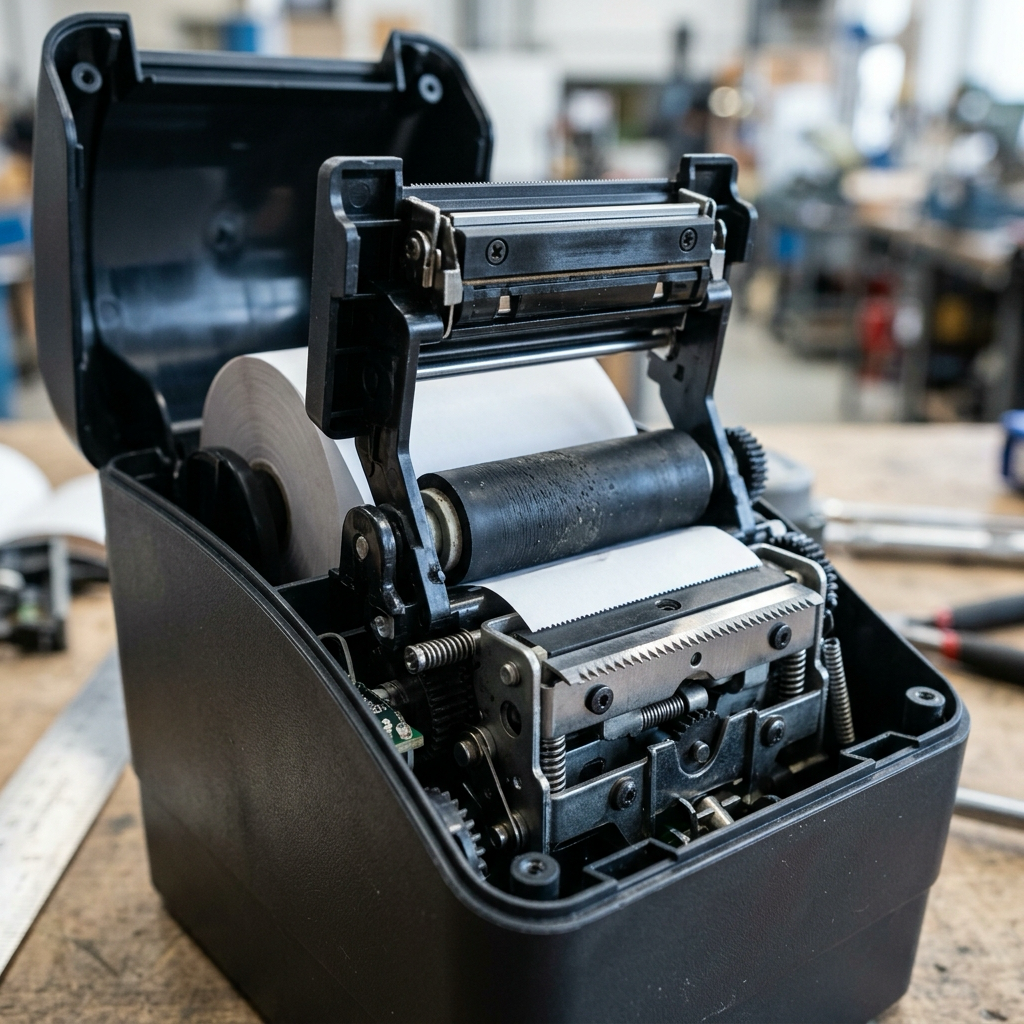 Close-up of an open POS thermal printer showing the platen roller and auto cutter blade that linerless media contacts