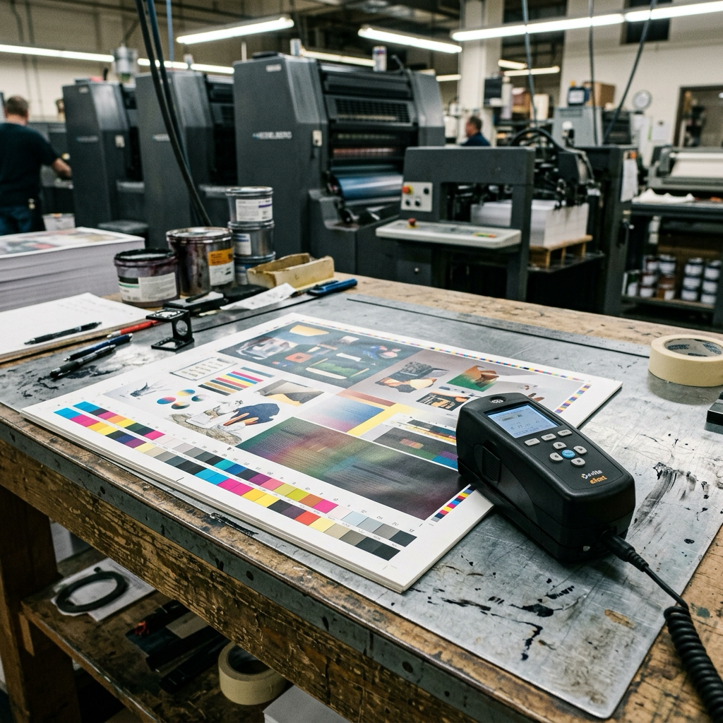 A press proof sheet on a print shop proofing table with colour control bars and a handheld densitometer
