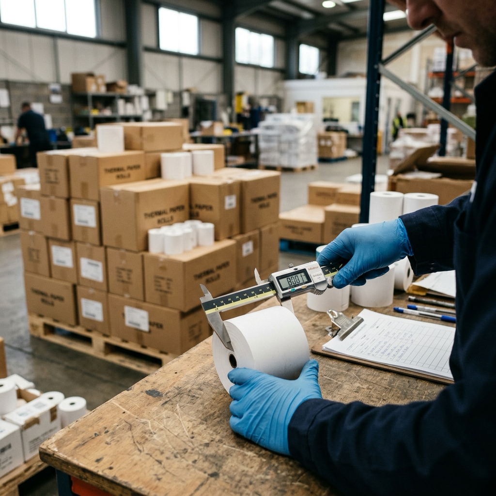 Gloved hands measuring the width of a thermal paper roll with a digital caliper during goods-in inspection