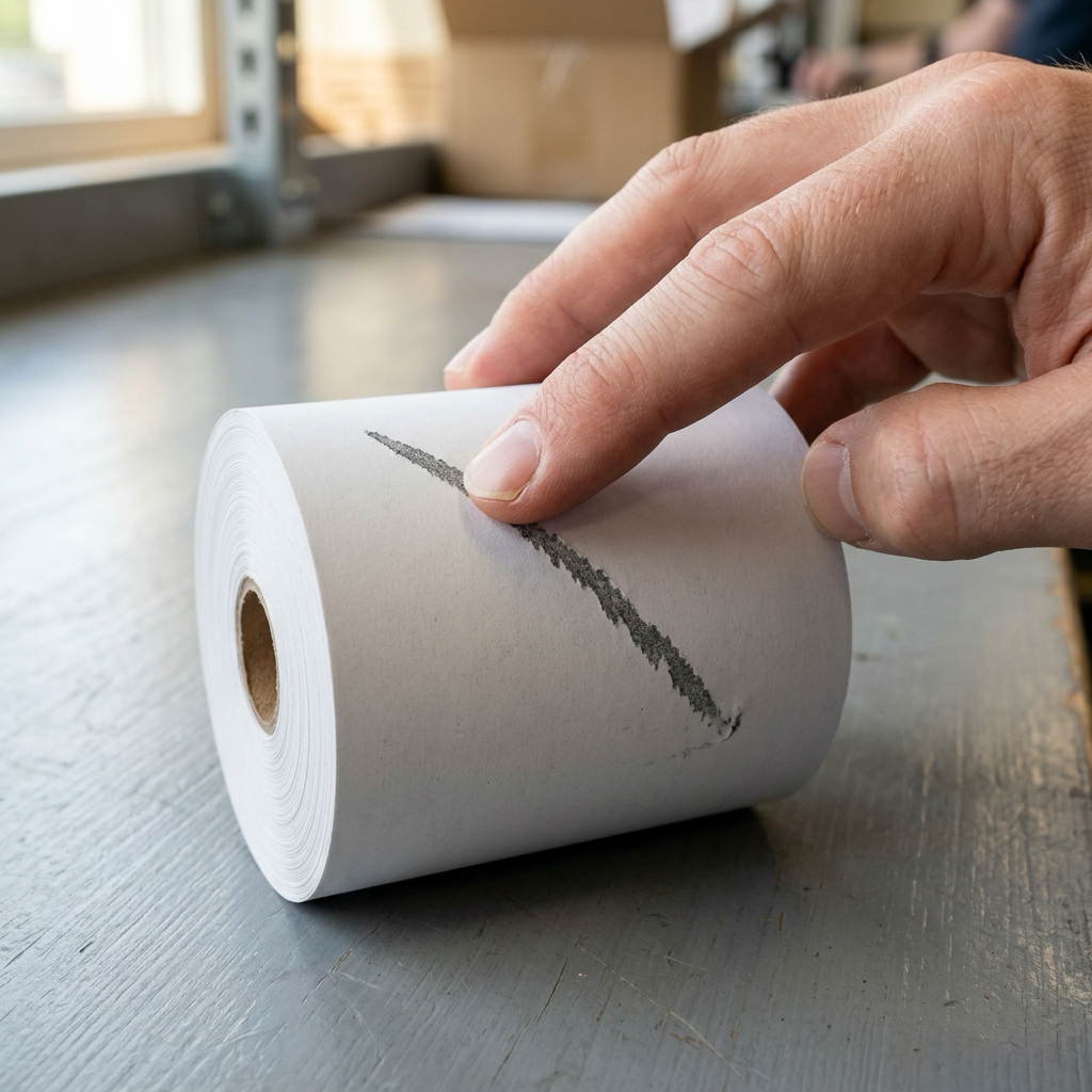 A fingernail scratched across a white thermal receipt roll leaving a dark grey mark, the field test for thermal coating