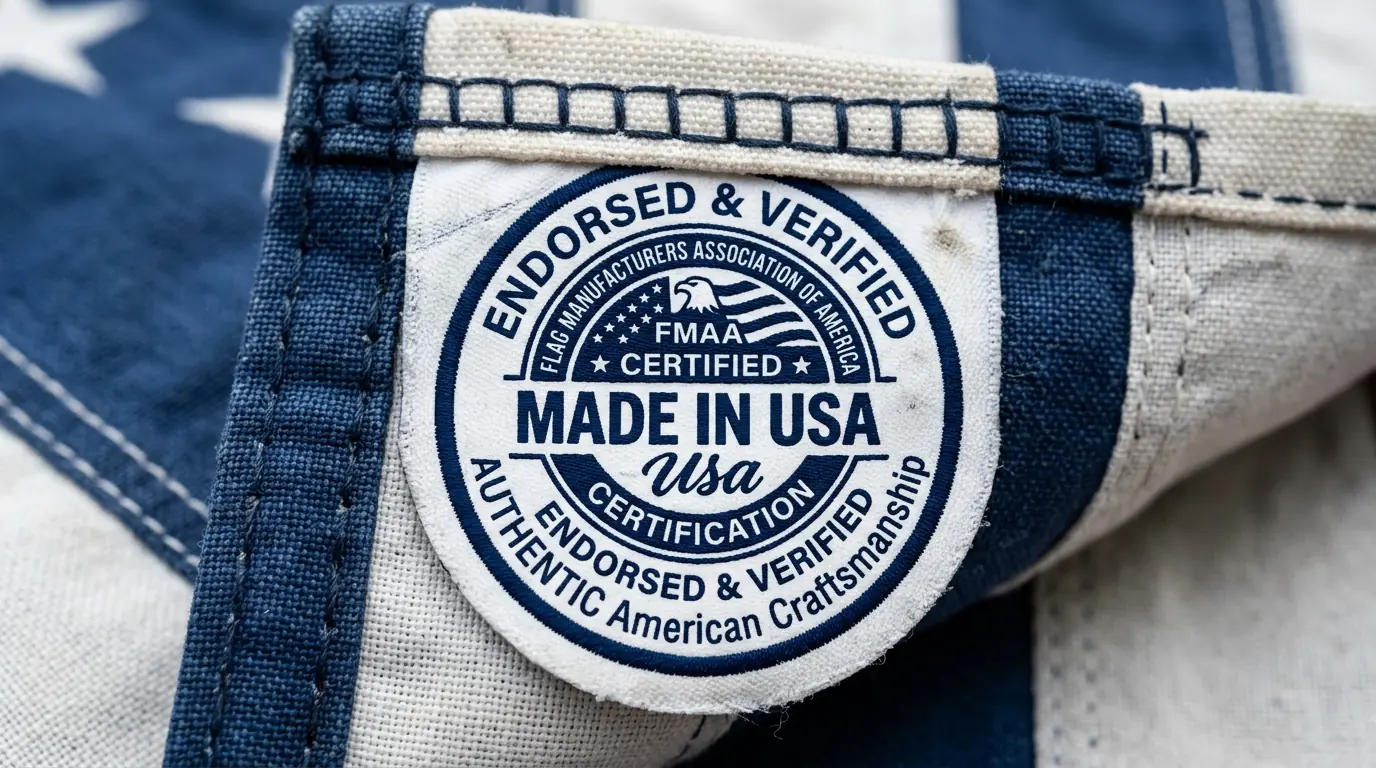 FMAA Certified Made in USA certification label sewn into American flag hem