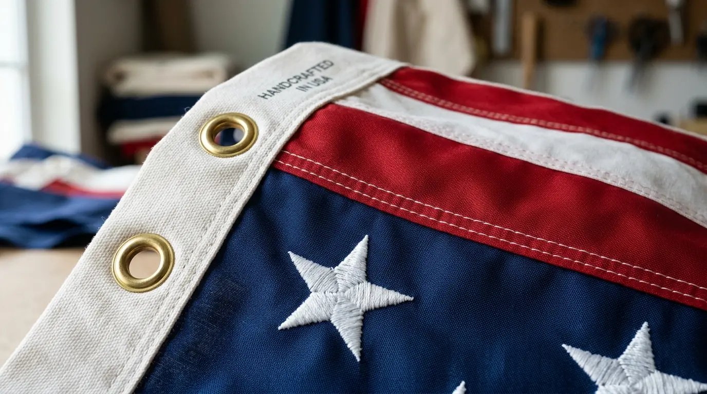 American flag construction quality details showing lock-stitched seams, embroidered stars, and brass grommets