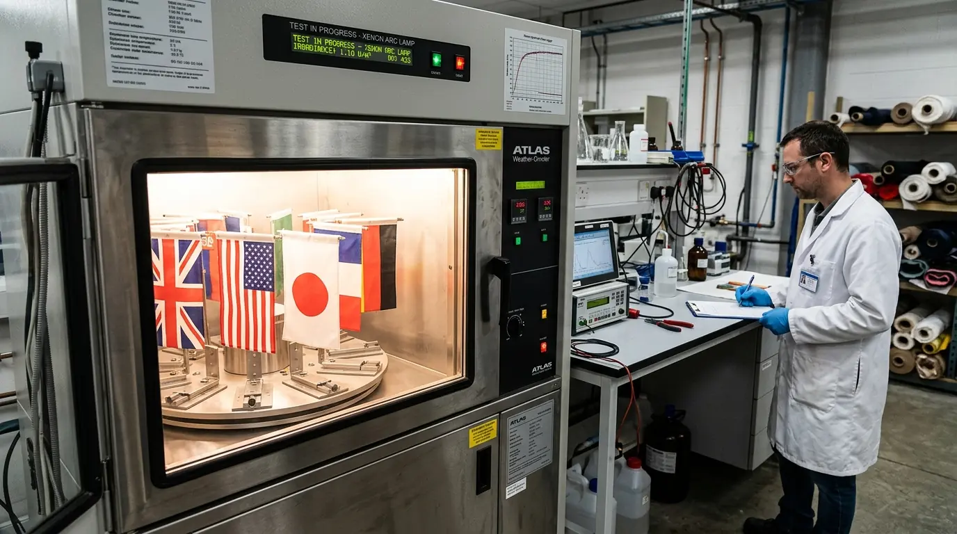 Laboratory colorfastness testing of flag fabric under xenon arc lamp