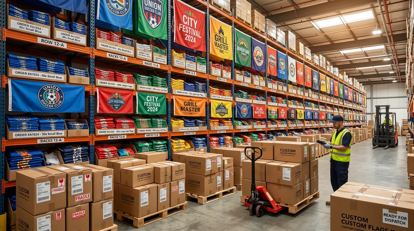 Warehouse with bulk custom printed flags