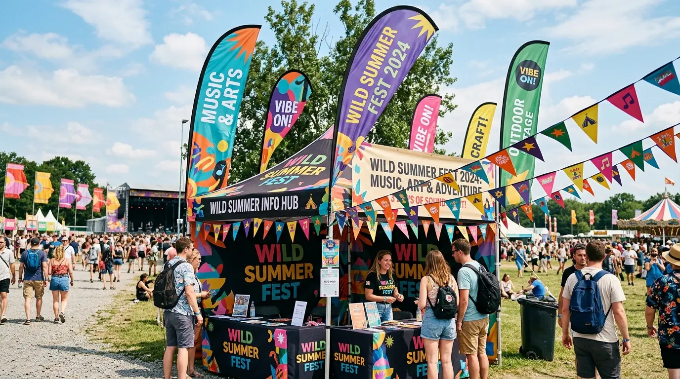 Colorful custom event flags at outdoor booth