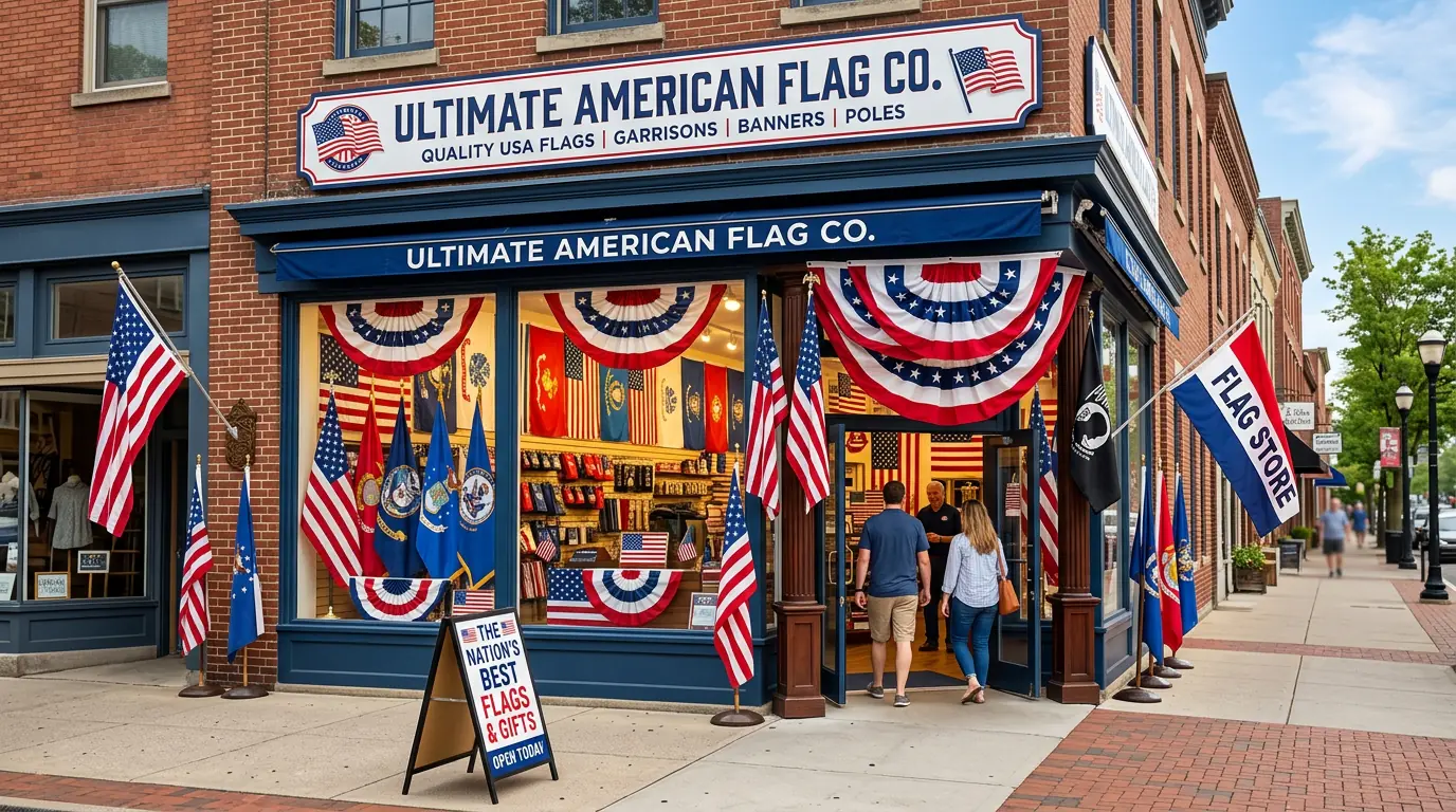 American flag store with colorful flags displayed