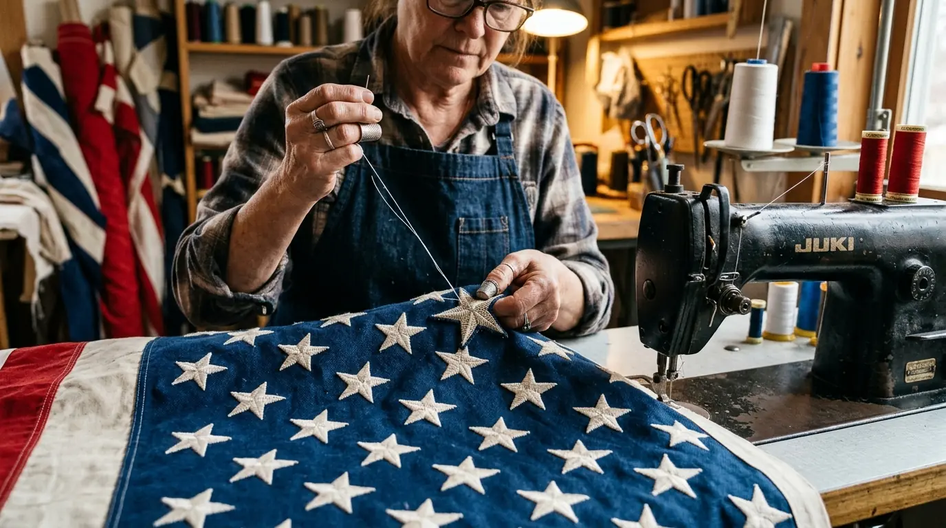 Premium American flags being hand-sewn