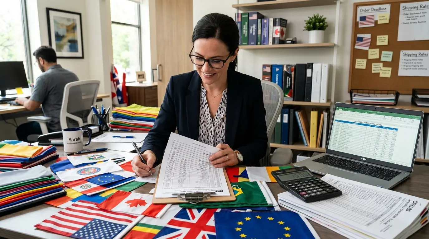 Business owner reviewing wholesale flag orders
