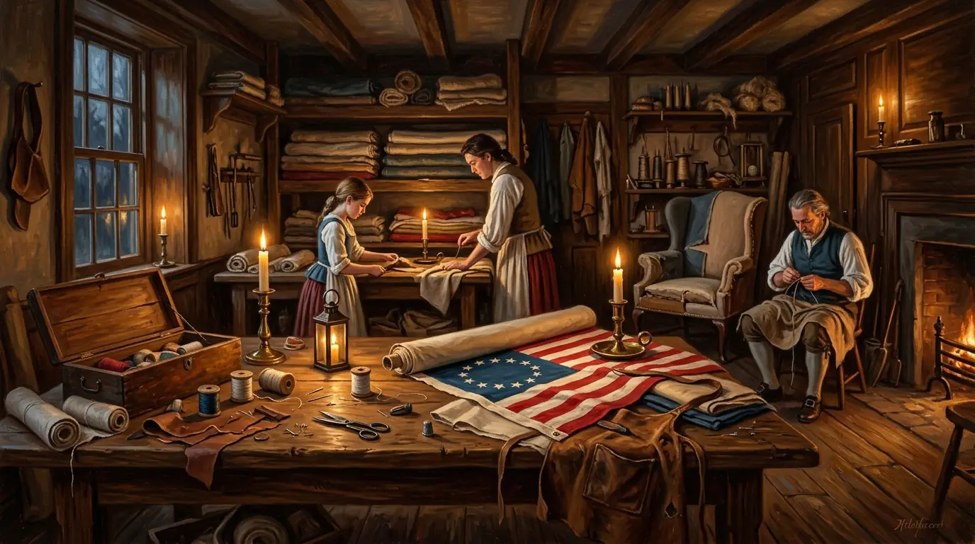 Colonial-era Philadelphia upholstery workshop with sewing materials and early American flag elements