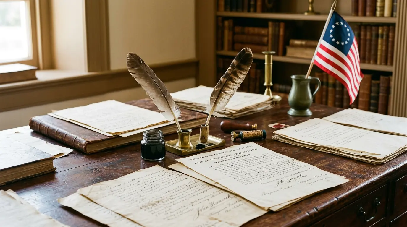Aged historical documents and colonial-era records with a 13-star American flag in the background