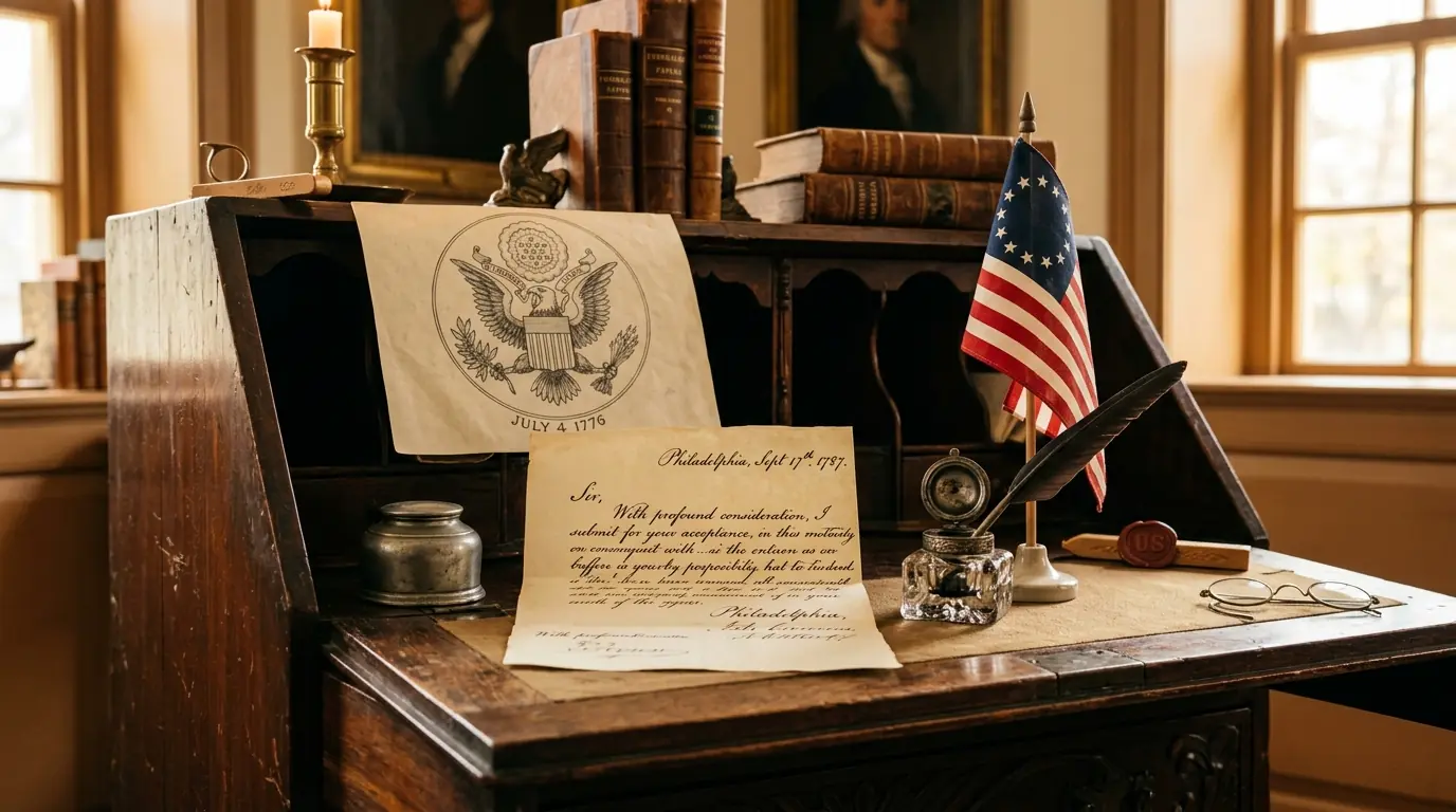 18th century writing desk with handwritten letter, ink well, and Great Seal of the United States sketch