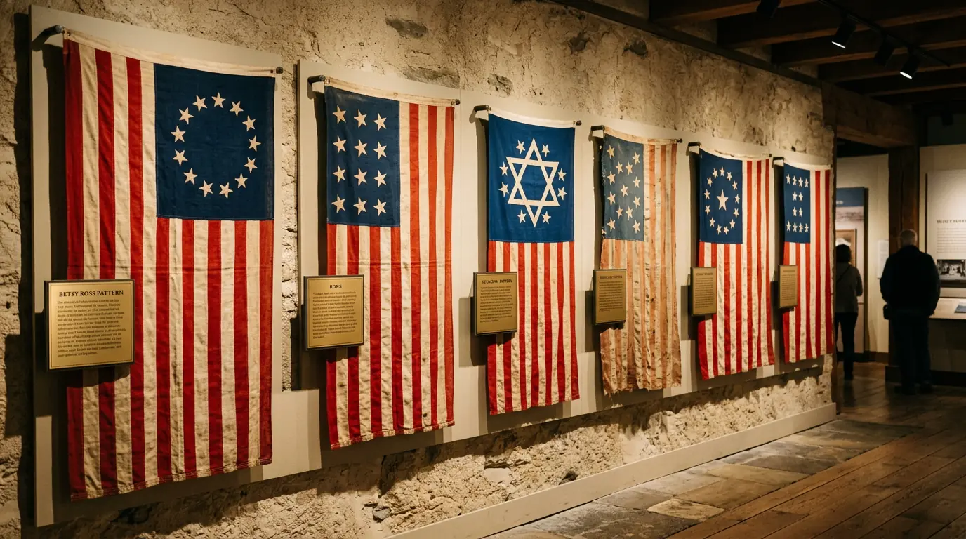 Multiple variations of 13-star American flags showing different star arrangements in museum exhibition style