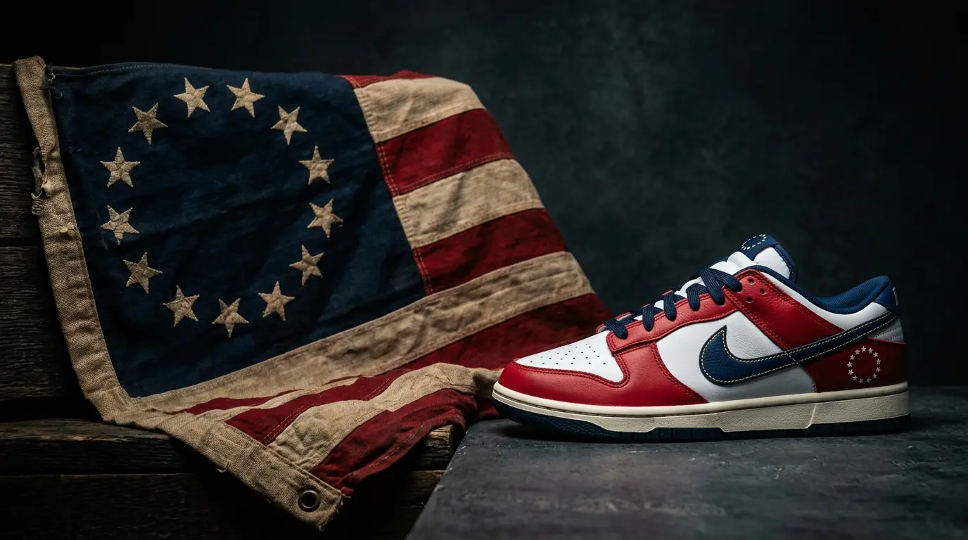 Modern sneaker alongside a Betsy Ross 13-star flag showing the intersection of heritage symbols and contemporary culture