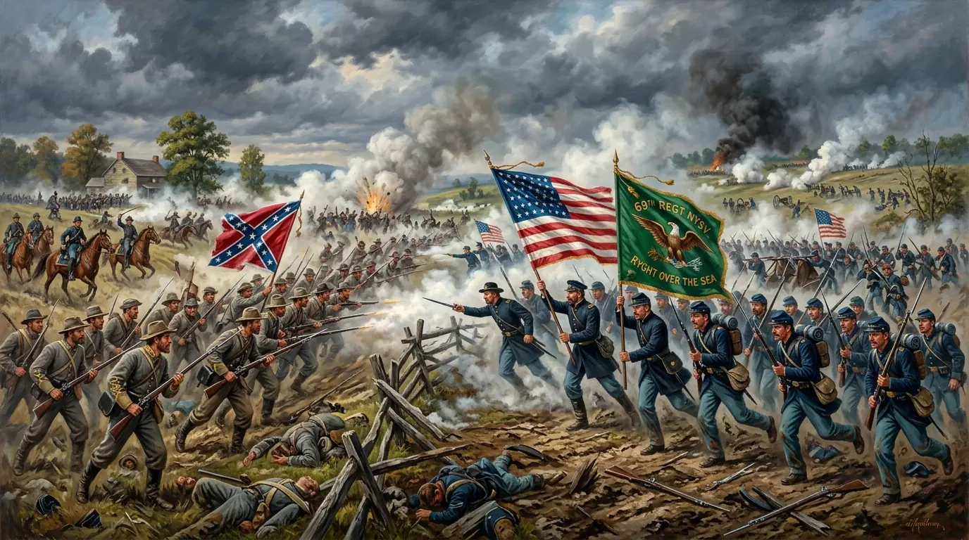 Civil War battlefield scene with soldiers carrying military flags, dramatic sky