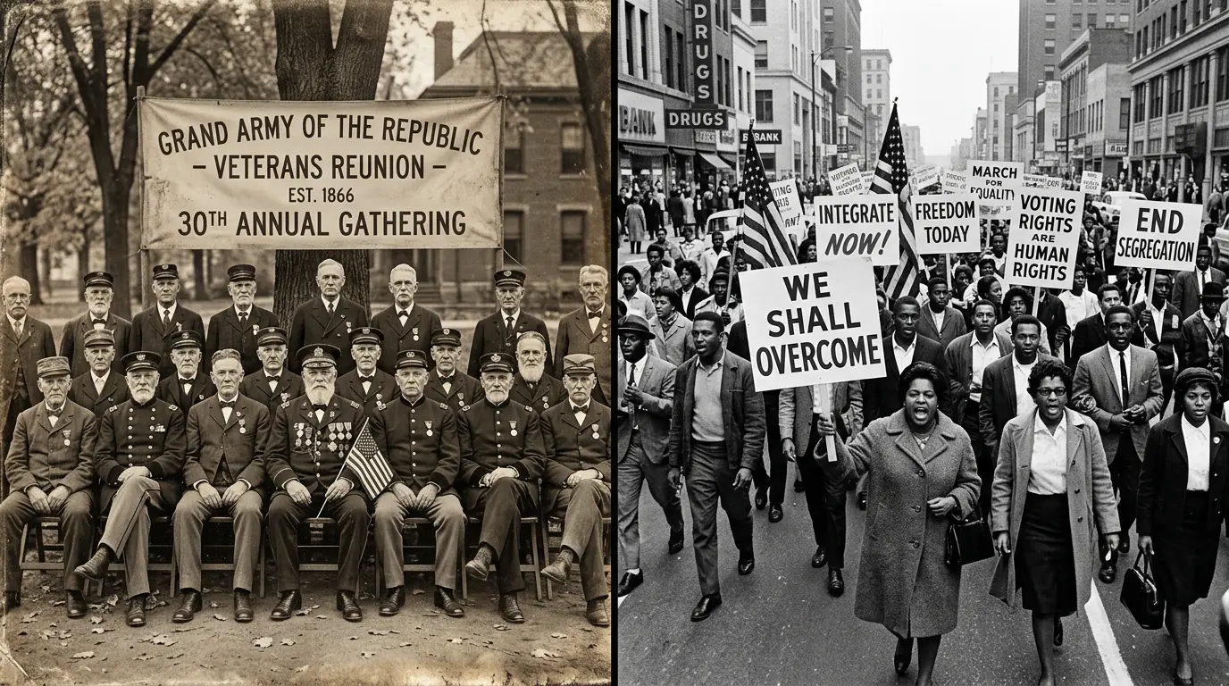 Split composition showing veterans reunion and 1960s civil rights protest march, documentary photography style