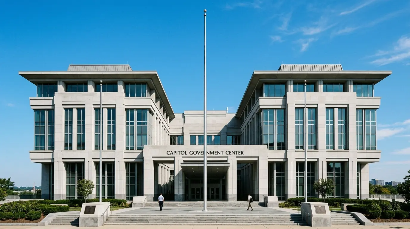 Government building facade with empty flagpole against blue sky, architectural photography