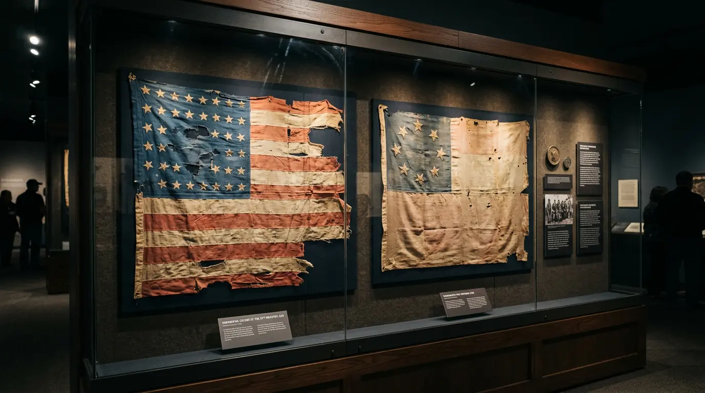 Museum exhibit display case with historical flags under glass, professional museum photography