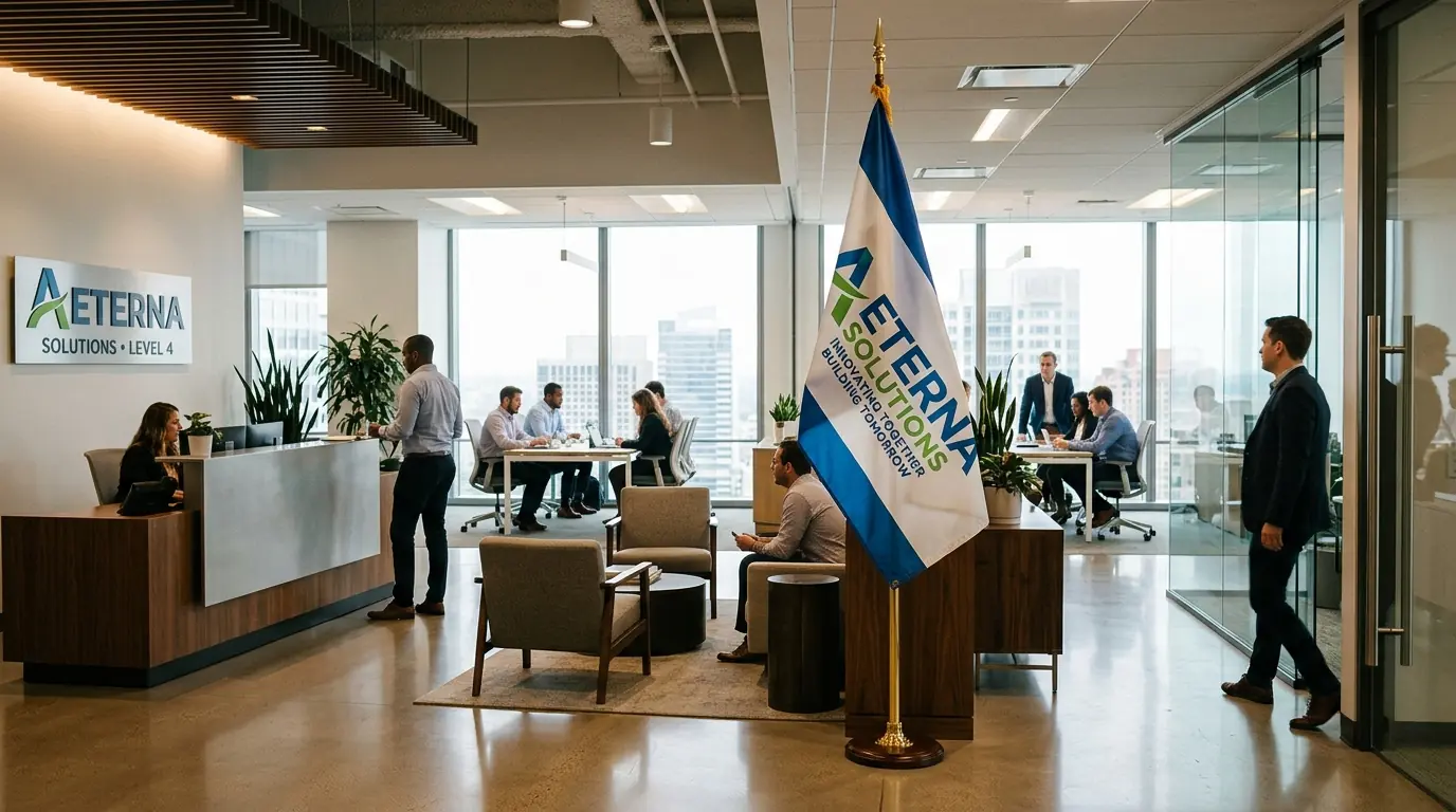 Corporate office interior with double-sided branded company flag on indoor display pole