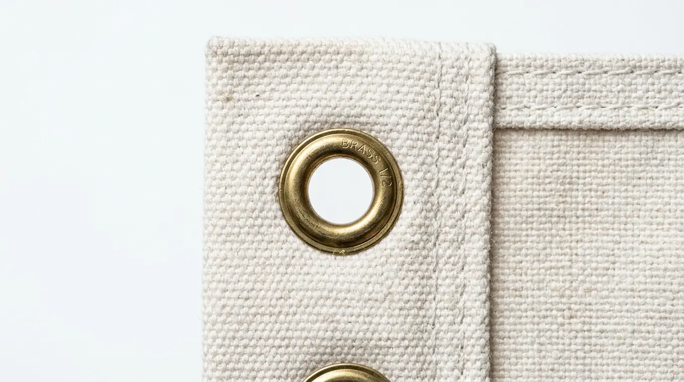 Canvas duck flag header with solid brass rolled-rim grommets installed for outdoor durability