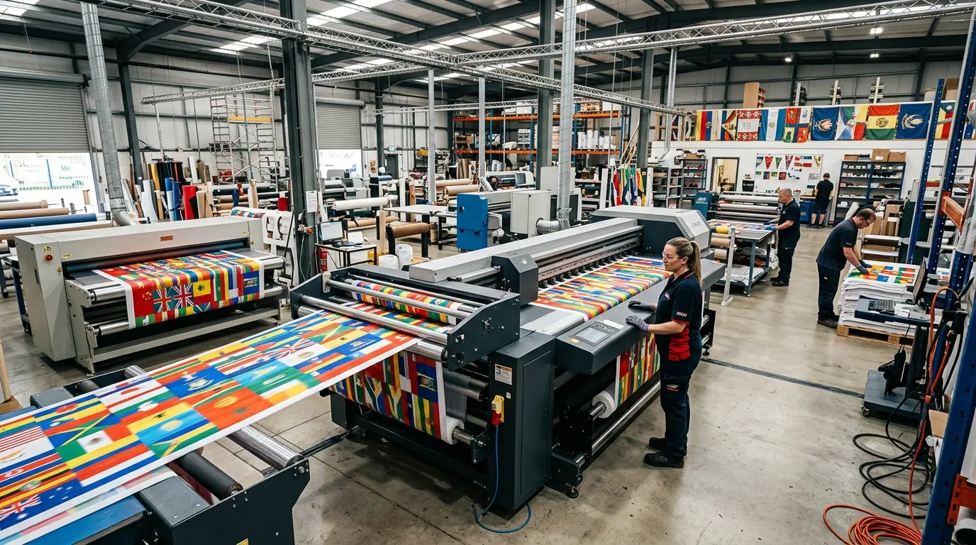 Commercial flag printing facility showing screen printing and digital direct-to-fabric equipment