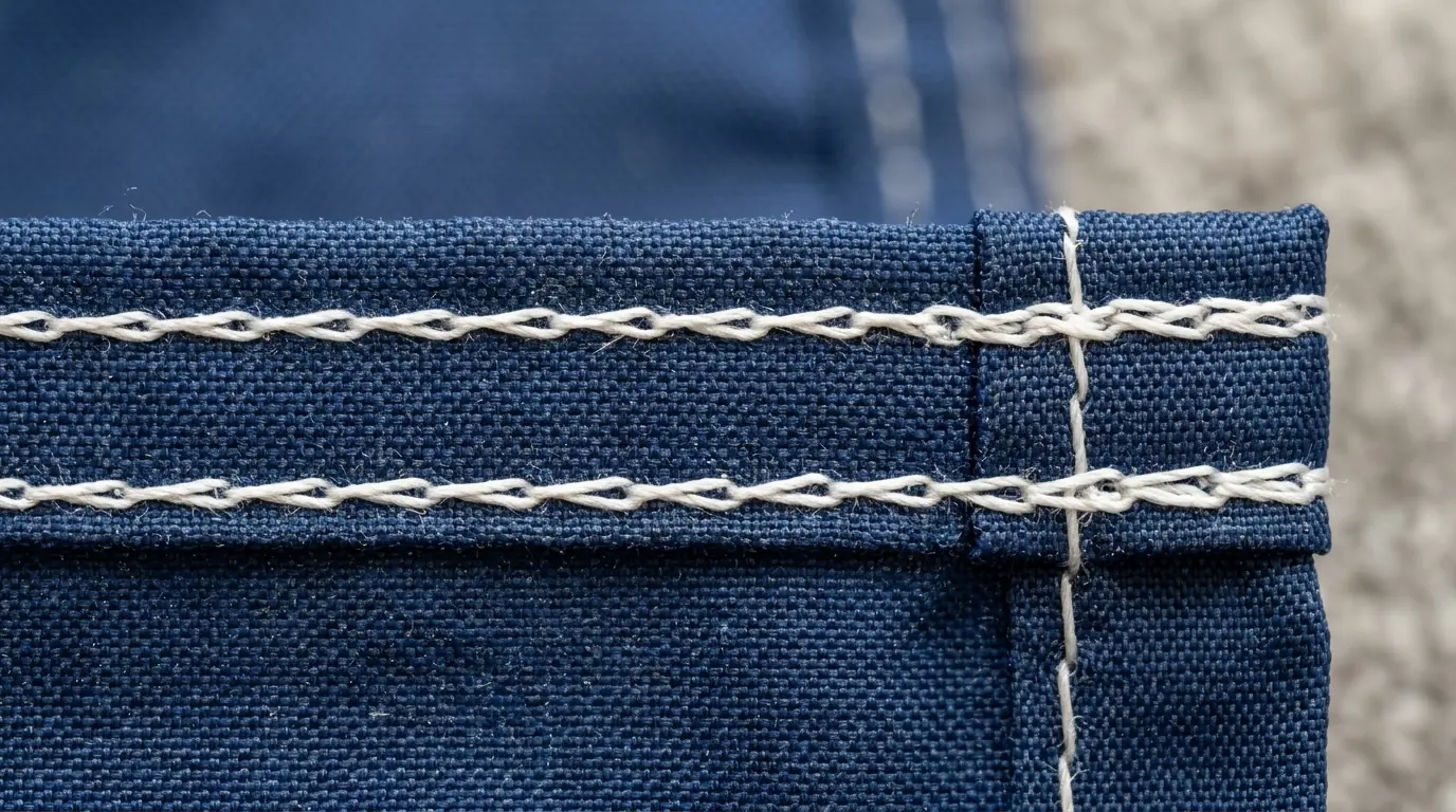 Close-up macro view of double-needle lock stitching rows on a custom nylon flag hem