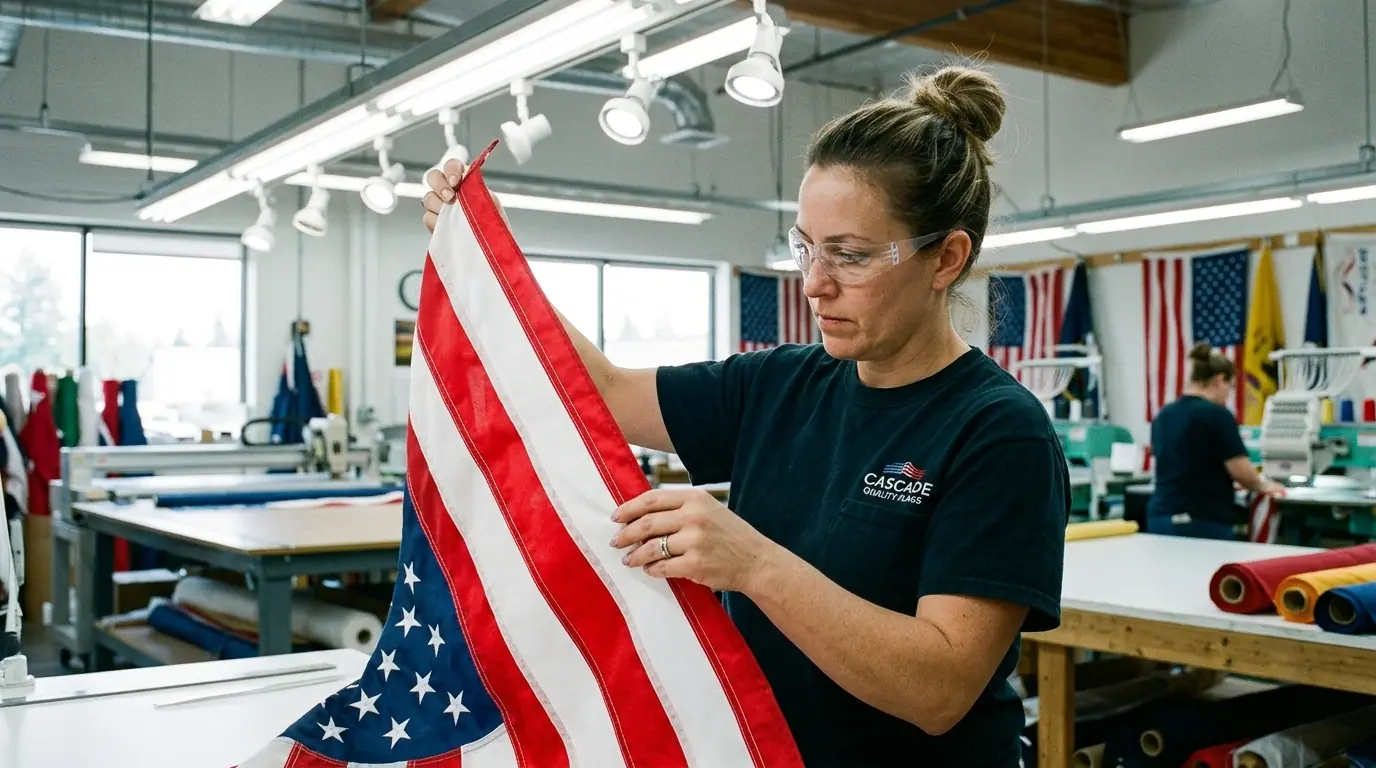 Quality control inspector examining custom flag stitching and material in a manufacturing facility