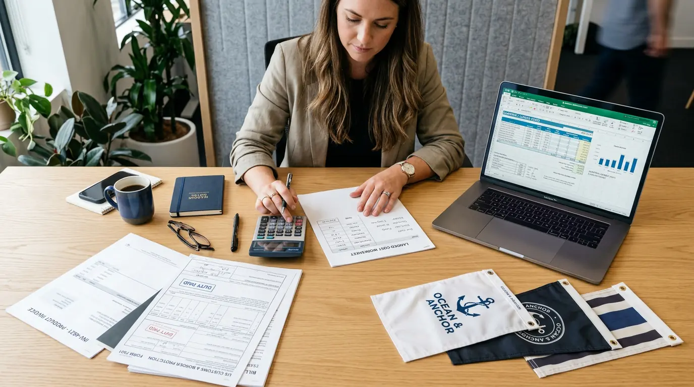 Business owner calculating flag landed costs with spreadsheet and samples