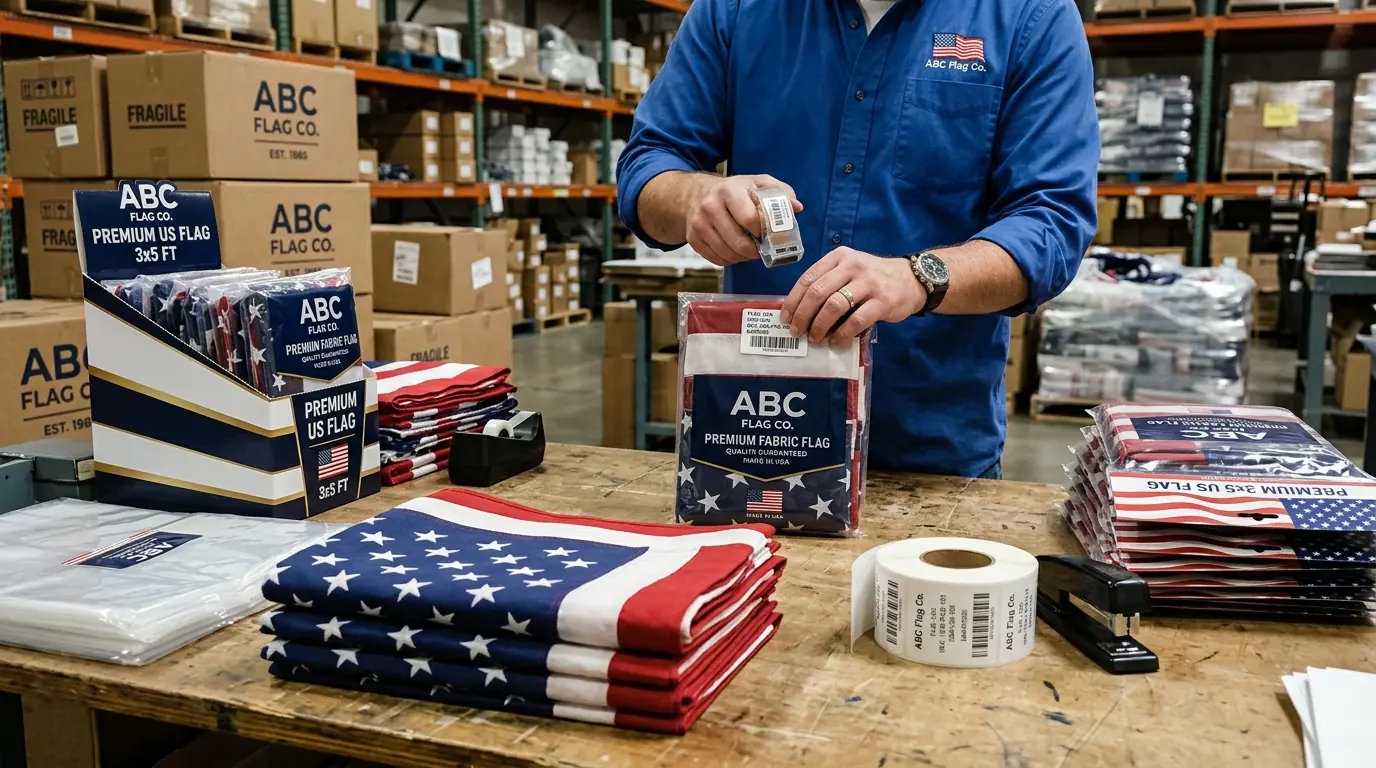 Flag packaging station with OPP bags and retail boxes